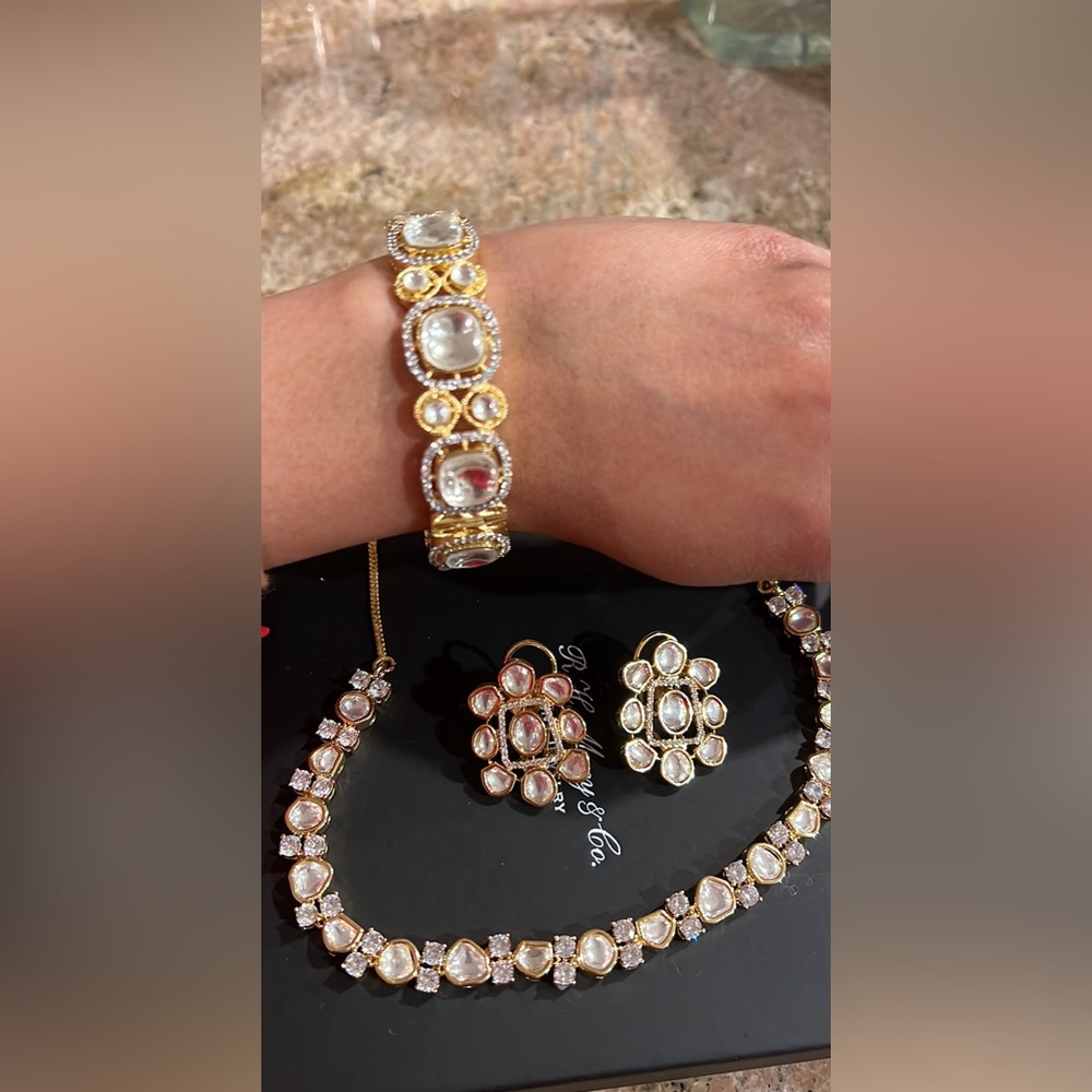 Polki Kundan and CZ Gold-plated Set with Bangle